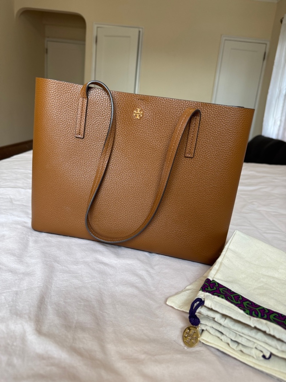 Tory Burch Pebbled Leather Tote in Cognac Brown